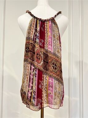 Vintage Y2K Forever 21 Kilim Print Sheer Halter Top Braided Boho Tapestry S